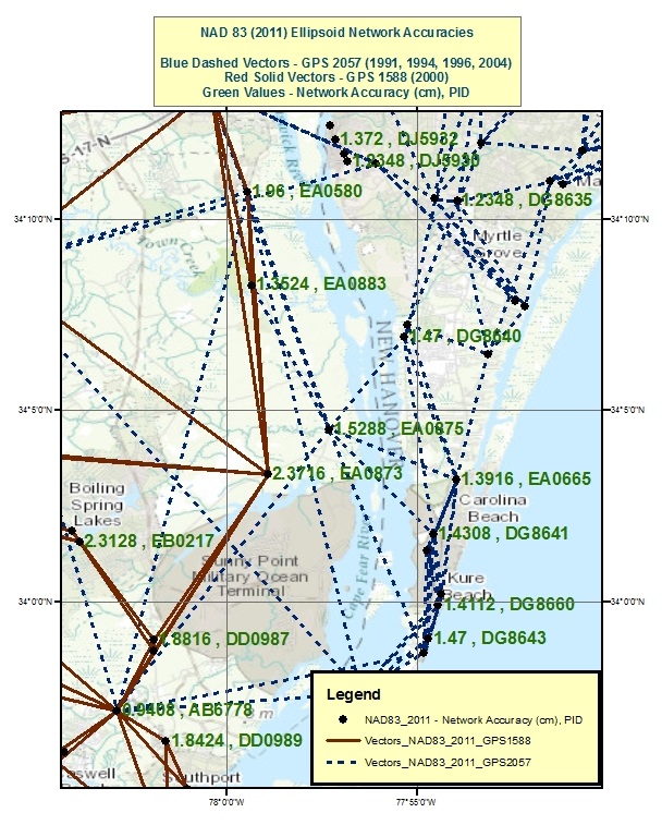 Figure 2. NAD 83 (2011) Network Design for Stations EA0873 and EA0875. [Note: GNSS Vectors for GNSS projects GPS 1588 and GPS 2057 were provided by NGS].