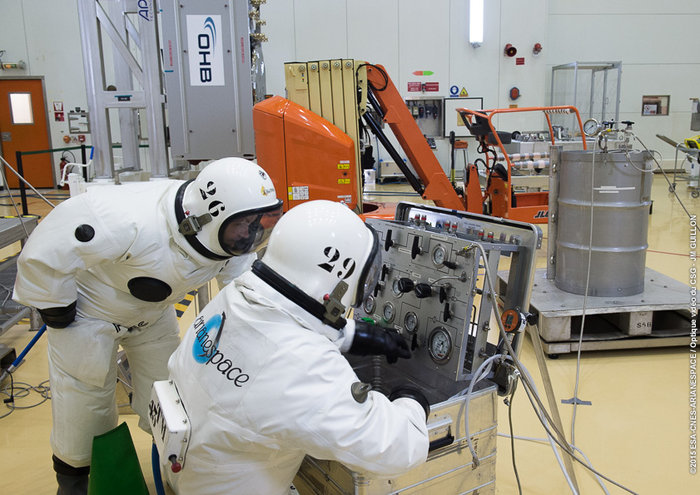 Europe’s ninth and tenth Galileo satellites being fueled by technicians in protective SCAPE suits within the Guiana Space Centre’s 3SB preparation building on Aug. 24. This left them ready to be attached to their launcher upper stage in preparation for launch. (Photo:ESA)