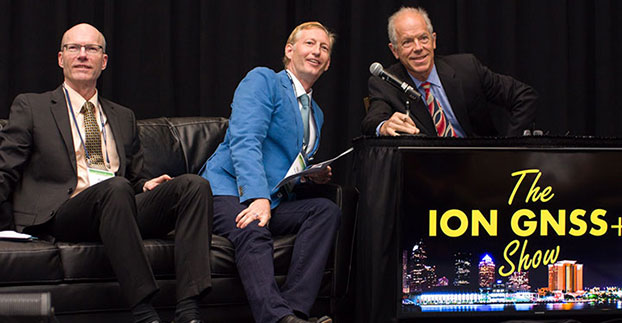 Alan Cameron, GPS World editor and publisher, interviews Technical Chair Paul McBurney; at left is Program Chair Gary McGraw. Each presenter was interviewed for "The ION GNSS+ Show" following a five-minute lightning presentation. (Courtesy of ION)