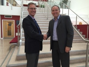 Martin Foulger (left), general manager at Spirent Communications, meets with Mark Dumville, general Manager of NSL, at NSL's headquarters in Nottingham, UK. (Photo: Spirent)