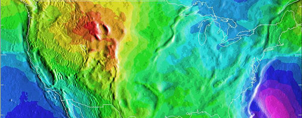 A depiction of the United States geoid. Areas in yellow and orange have a slightly stronger gravity field as a result of the Rocky Mountains.