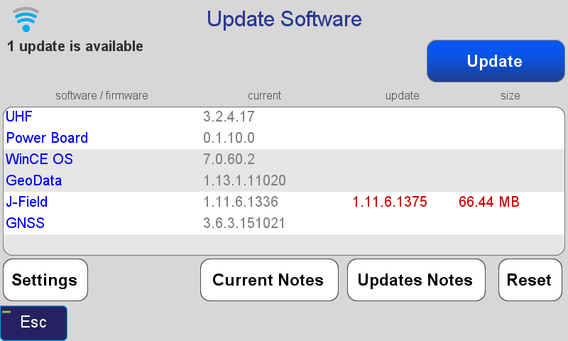 Update Software screen showing that an update of J-Field is available.