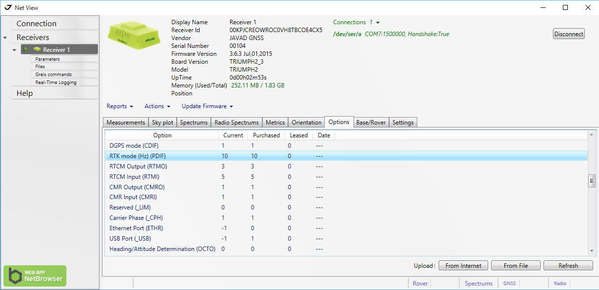 NetView Option tab showing the RTK mode (Hz) option has a value of 10.