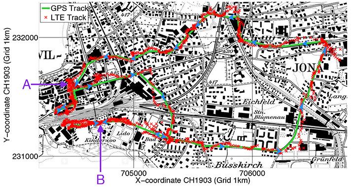 Rover positions obtained with 2D LTE versus GPS track.