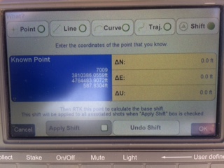 Figure 2. The shift screen showing the known point (previously surveyed point).