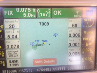 Figure 4. Staking back out to the (known point) after the Reverse-Shift has been completed. Notice the DTT (Distance To Target) is 0.006. degrees.
