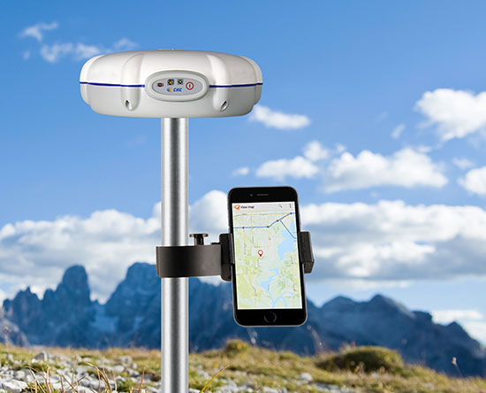The X20i GNSS receiver by CHC Navigation pairs with iOS devices.