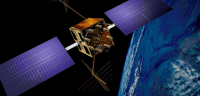 An artist's concept of a GPS IIR-M satellite in orbit (courtesy of Lockheed Martin).
