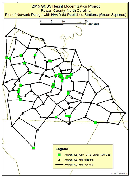 Figure 1. Plot depicting the Network Design of the NCGS Rowan County Height Modernization GNSS Project.