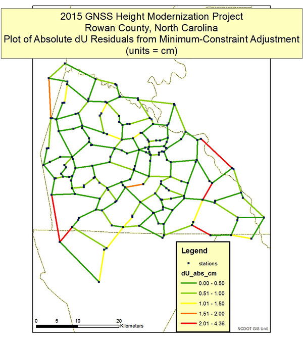 Figure 3. Plot depicting absolute dU residuals from the NCGS GNSS Height Modernization Project (does not include re-observations of repeat base lines that did not meet the 2 cm guideline).