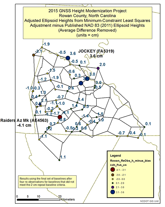 Figure 5. Plot of adjusted ellipsoid height minus published NAD 83 (2011) Ellipsoid Heights (the number is the difference for that particular station; units = cm).