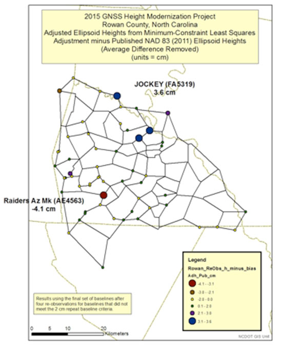 Figure 6. Plot of adjusted ellipsoid height minus published NAD 83 (2011) published heights.