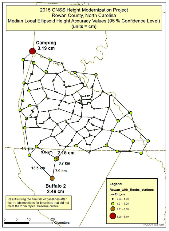 Figure 7. Plot of NCGS Rowan County Height Modernization project’s median local ellipsoid height accuracy values.
