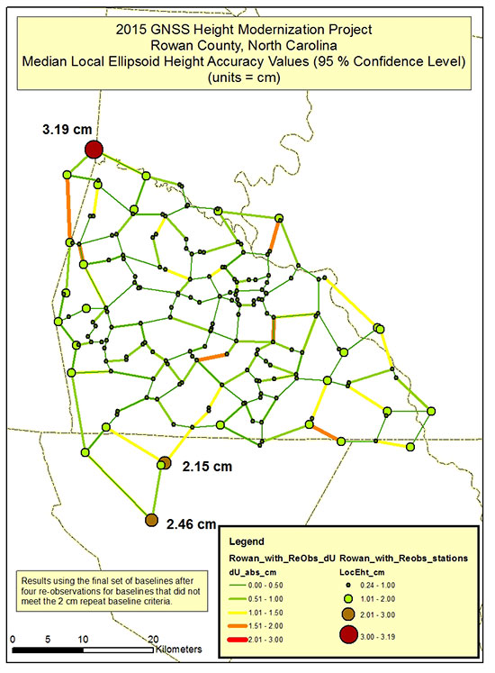 Figure 8. Plot of NCGS Rowan County Height Modernization project’s median local ellipsoid height accuracy values and absolute dU residuals.