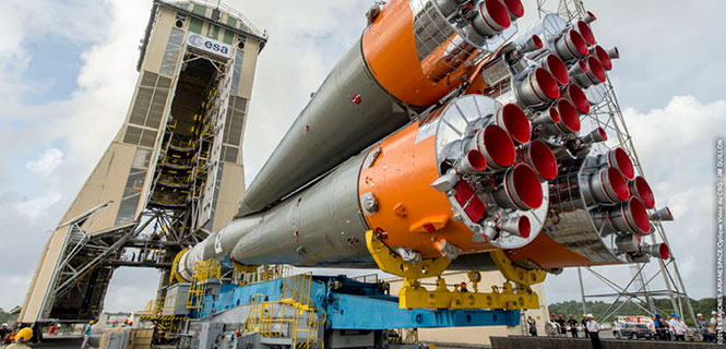 Galileos 11 and 12 are on the launch pad, attached to the top of their Soyuz rocket in readiness for this week’s launch. (Photo: ESA)