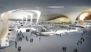 Artist's depiction of the inside of the new Beijing Airport terminal. (image: Zaha Hadid Architects)
