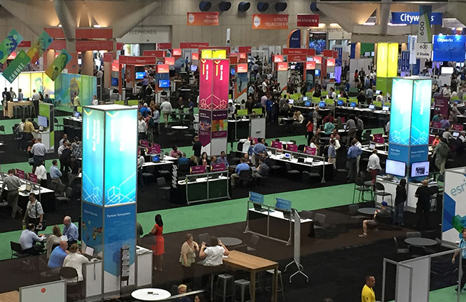 The Esri Users Conference exhibit hall  — reorganized from the 2015 layout.