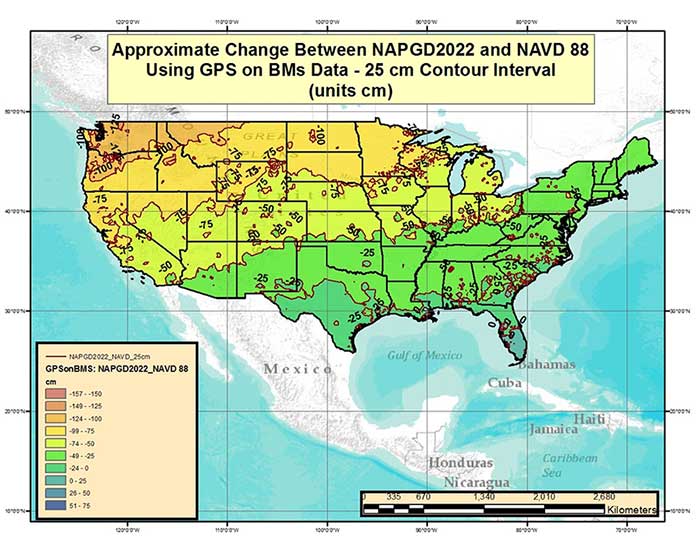 Figure 1 – Approximate Change Between NAPGD2022 and NAVD 88 Using GPS on BMs Data (units = cm). (Image: National Geodetic Survey)