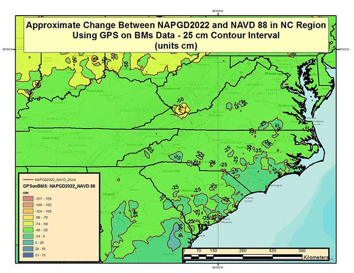 Figure 3 – Approximate Change Between NAPGD2022 and NAVD 88 in North Carolina and Surrounding States Using GPS on BMs Data (units = cm). (Image: National Geodetic Survey)