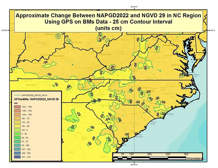 Figure 4 – Approximate Change Between NAPGD2022 and NGVD 29 in North Carolina and Surrounding States Using GPS on BMs Data (units = cm). (Image: National Geodetic Survey)