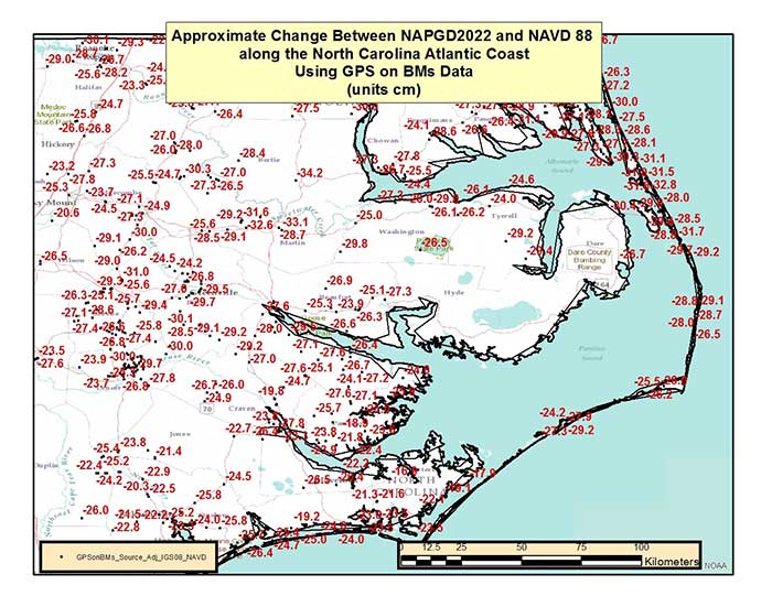 Figure 5 – Approximate Change Between NAPGD2022 and NAVD 88 along North Carolina Atlantic Coast Using GPS on BMs Data (units = cm). (Image: National Geodetic Survey)