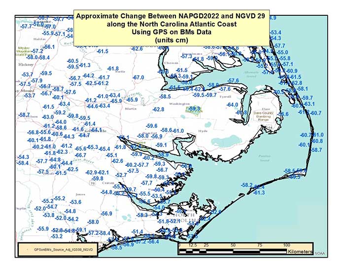 Figure 6 – Approximate Change Between NAPGD2022 and NAVD 29 along North Carolina Atlantic Coast Using GPS on BMs Data (units = cm). (Image: National Geodetic Survey)