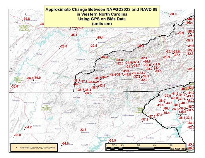 Figure 7 – Approximate Change Between NAPGD2022 and NAVD 88 in the Western North Carolina Using GPS on BMs Data (units = cm). (Image: National Geodetic Survey)
