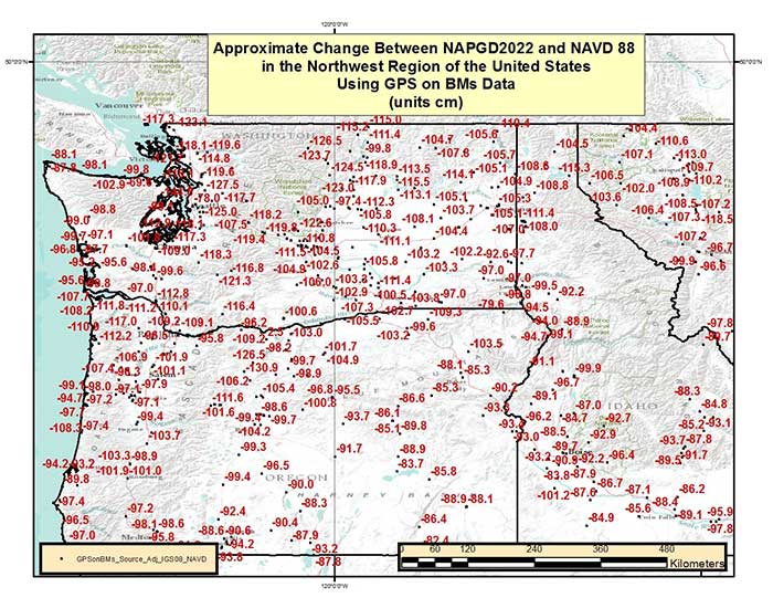 Figure 8 – Approximate Change Between NAPGD2022 and NAVD 88 in the Northwest Region of the United States Using GPS on BMs Data (units = cm). (Image: National Geodetic Survey)
