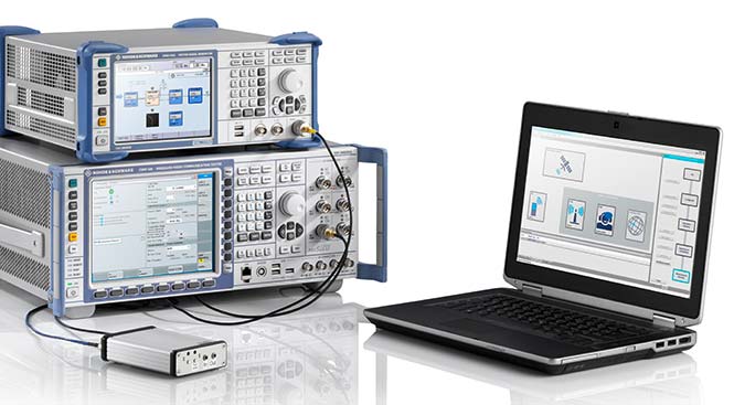 The eCall test solution based on the R&S CMW500 platform in combination with the R&S SMBV100A GNSS simulator is the first to be certified by CETECOM. (Photo: Rohde & Schwarz)