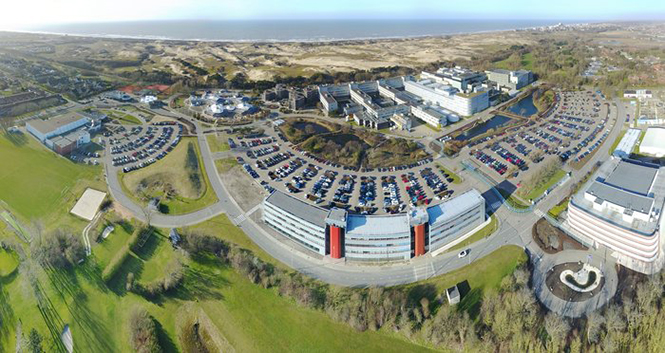 An aerial view of ESTEC. The Erasmus building is at front right. The T building (home to ESA's Galileo team) is in the foreground. (Photo: ESTEC)
