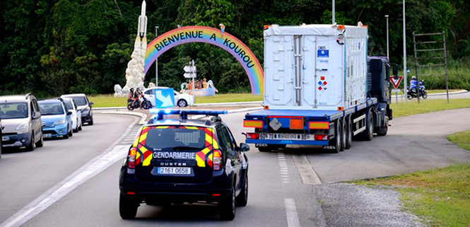 One of two Galileo satellites being driven by truck to the Guiana Space Centre inside its container. Galileo satellites 23 and 24 left Luxembourg Airport on a Boeing 747 cargo jet on the morning of May 4, arriving at Cayenne – Félix Eboué Airport in French Guiana that evening. (Photo: ESA)