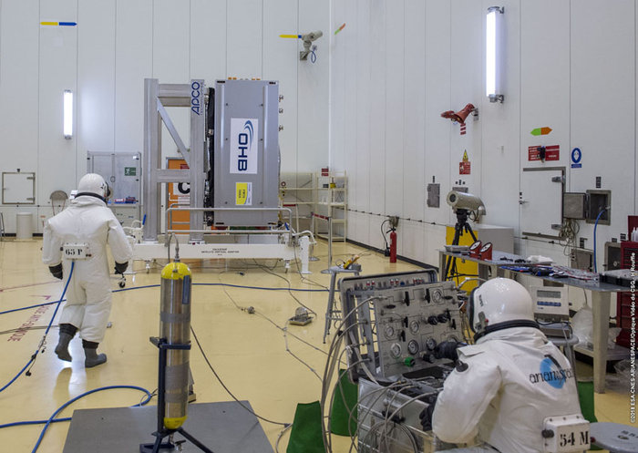 Technicians in SCAPE (Self Contained Atmospheric Protection Ensemble) suits fill Galileo satellites 22-26 with hydrazine fuel. (Photo:ESA)