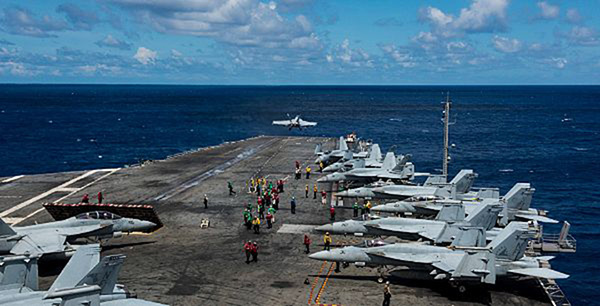An F/A-18F Super Hornet assigned to Strike Fighter Squadron (VFA) 102 launches from the flight deck of the aircraft carrier USS Ronald Reagan on July 10, 2018.. (Photo: U.S. Navy/ Mass Communication Specialist 2nd Class Kenneth Abbate/Released)