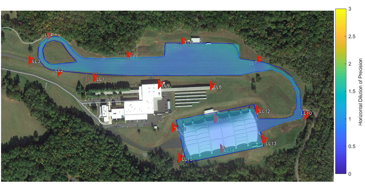 FIGURE 1. VRC Locata Network and HDOP Quality in Locata Service Area. (Figure: D. Aylor, A. Pick, P. Austin and M. Parry)