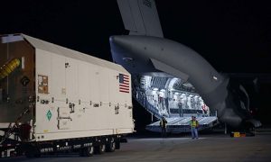 GPS III SV01 on Aug. 20 boards a U.S. Air Force C-17 for its flight to Cape Canaveral, Florida. (Photo: Lockheed Martin)