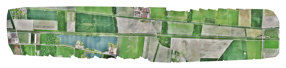 Final orthomosaic generated by the images collected by the WingtraOne: the 3-km long Eurotube will be constructed along the indicated area. (Image: Wingtra)