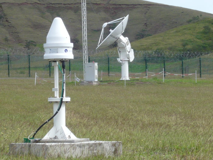 The Galileo ground station near New Caledonia capital Nouméa incorporates a Galileo Sensor Station (foreground) that monitors the quality of navigation signals and an uplink station (background) to relay navigation corrections to the satellites for rebroadcast to users. An antenna 13 meters in diameter for controlling the satellites has also been built, ready to come online later this year. (Photo: ESA)