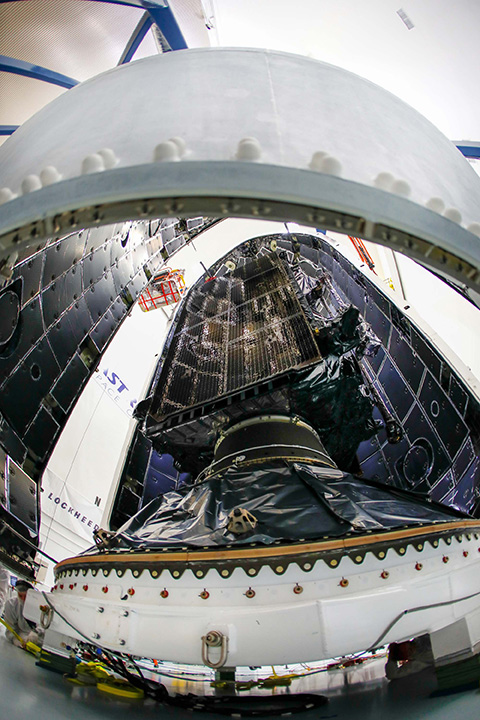 GPS III SV01 is now encapsulated and awaiting launch scheduled for Dec. 18. (Photo: Lockheed Martin)
