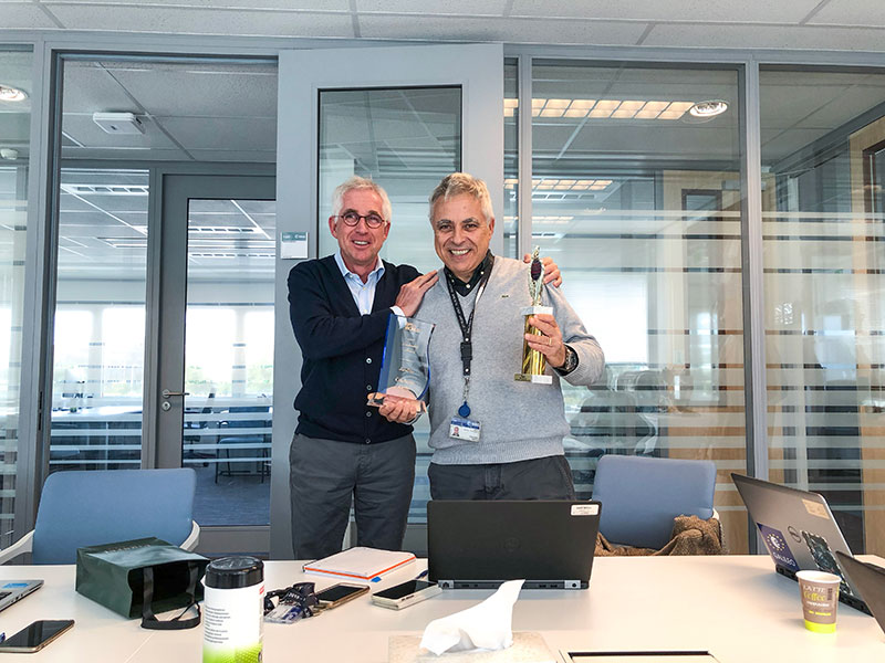 Javier Benedicto (left), Head of the Galileo Programme and Navigation-related Activities, European Space Agency, accepted the award and delivered these remarks on behalf of Giuliano Gatti (right). (Photo: ESA)