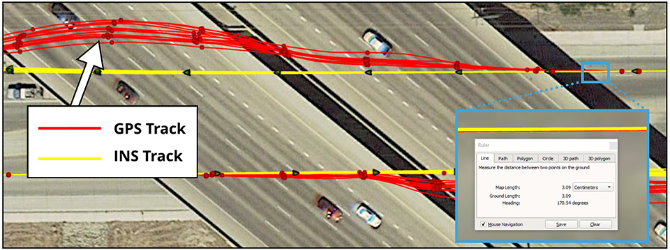 In the image above, a vehicle travels under an overpass. The 3-cm accurate RTK-inertial navigation track holds true to the vehicle’s position while the standard GPS signal is lost. (Image: Inertial Sense)