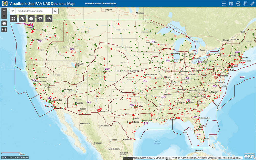 The FAA UAS data map shows all drone-restricted areas, once updated. (Screenshot: FAA)