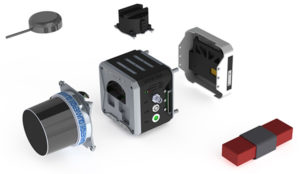 EQUIPMENT: Left to right, from top down: GPS antenna, laser head (Quanergy M8), detachable mount (car & UAV), computer and INS (GNSS receiver + IMU), interface plate, battery. (Photo: Lidar USA)