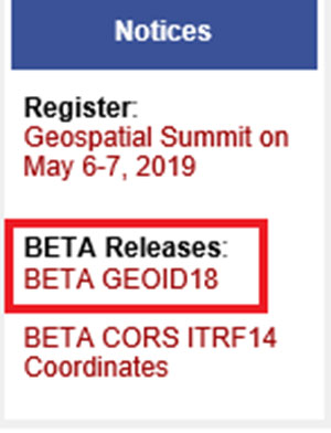 Notice announcing beta version of Geoid18 on NGS homepage. (Screenshot: NGS)