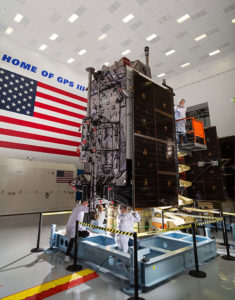 THE FIRST GPS III satellite was fully assembled and entered into SV single-line flow when Lockheed Martin technicians integrated its system module, propulsion core and antenna deck. (Photo: Lockheed Martin)