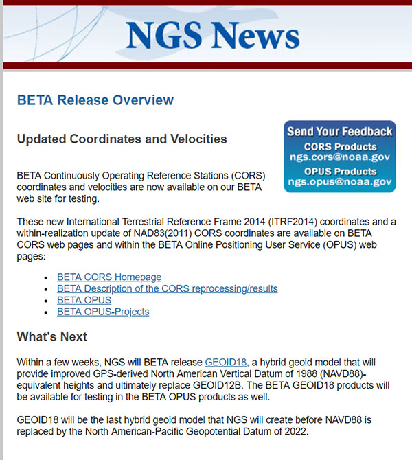 Excerpt from Feb. 15, 2019, "NOTICE: New BETA Coordinates Available for CORS and OPUS". (Screenshot: NGS)