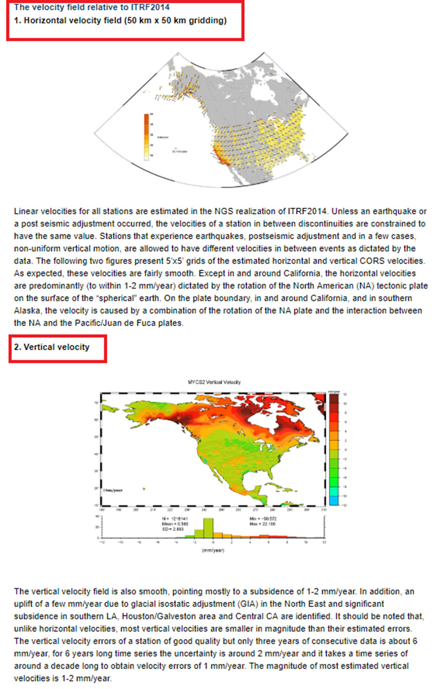 Section describing the velocity field relative to ITRF2014. (Screenshot: NGS)
