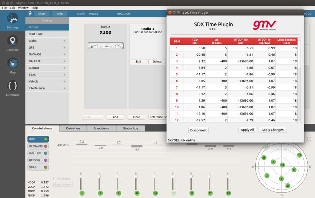 With Orolia's Skydel SDX API, GMV has developed a "Time Plugin" that allows to batch edit the numerical values associated to TGDs, UTCO, and Leap Seconds. (Image: GMV)