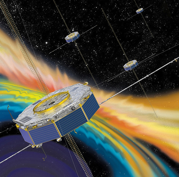 Illustration of the four MMS spacecraft in orbit in Earth's magnetic field. (Image: NASA).