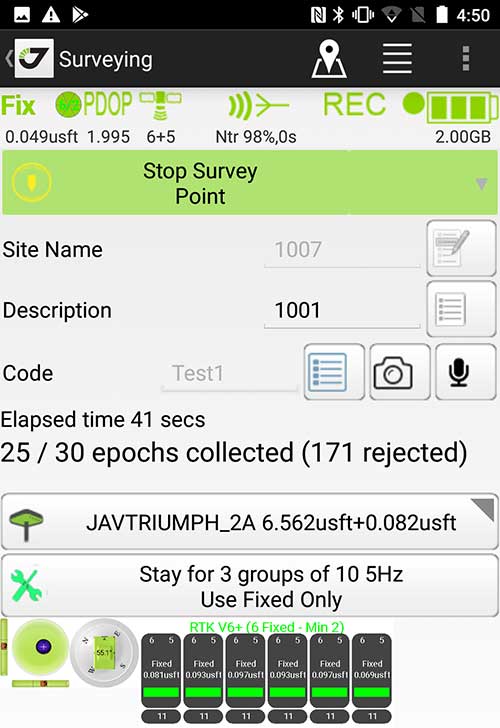 Survey Point: Status of survey data collection and GNSS engine signal reception. (Screenshot: Tim Burch)