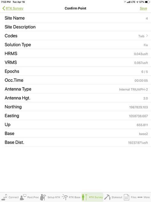 Point Confirmation. Survey point information with metadata and equipment listing. (Screenshot: Tim Burch)